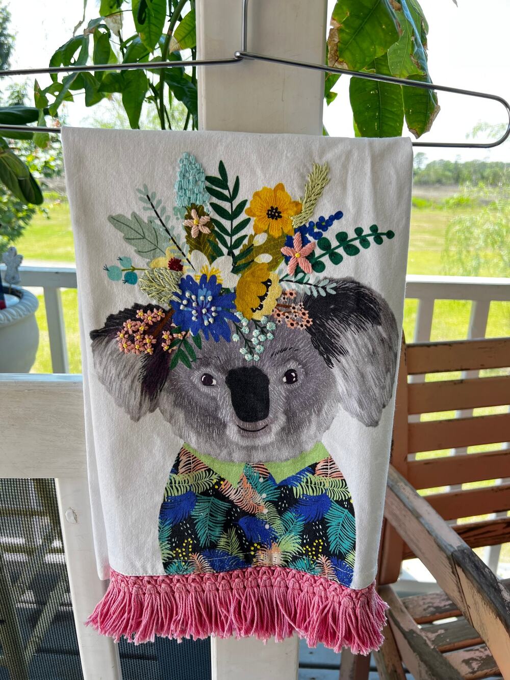 Anthropologie Mia Charro Embroidered Koala Animal Dish Towel 100% COTTON